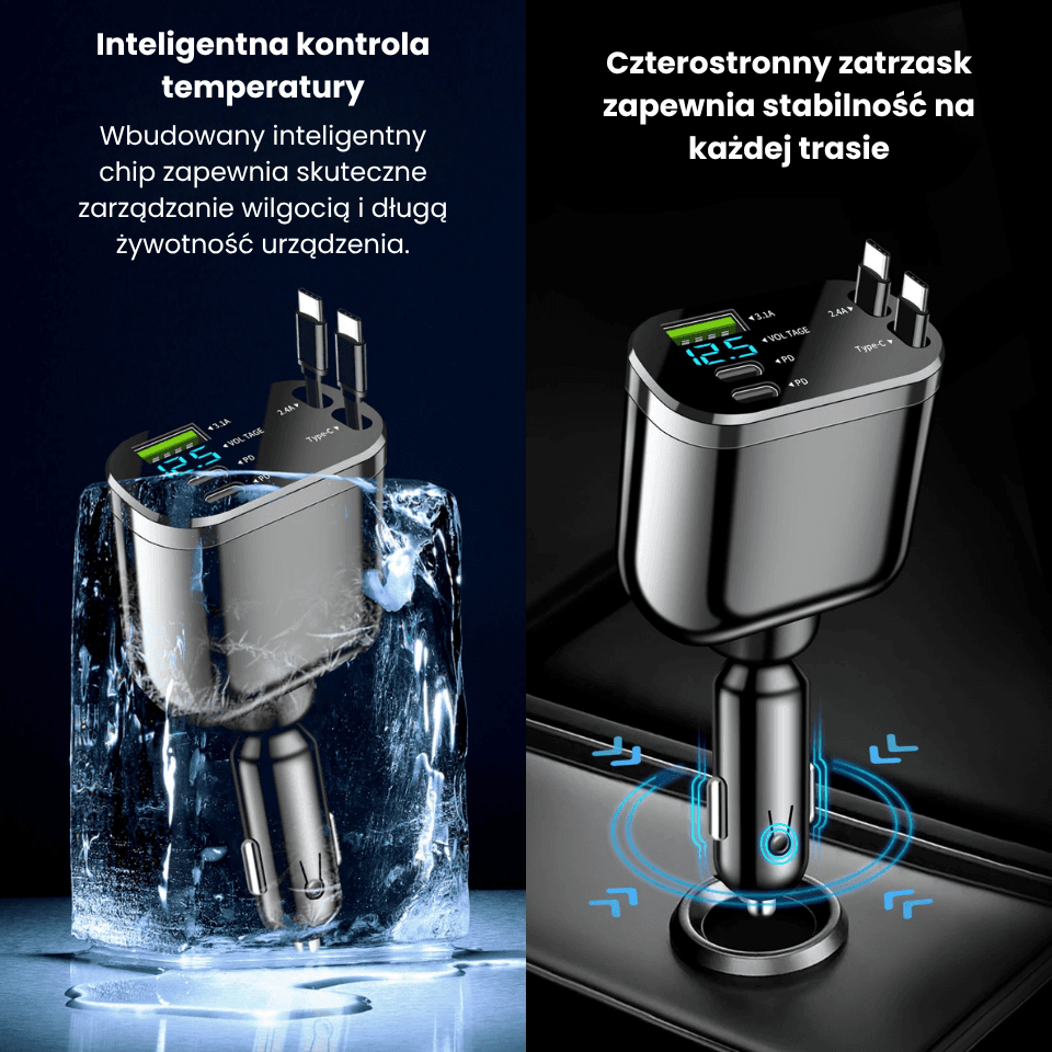 SlideCharge – Kompaktowa Ładowarka 5w1 do Auta z Wysuwanym Kablem🚗
