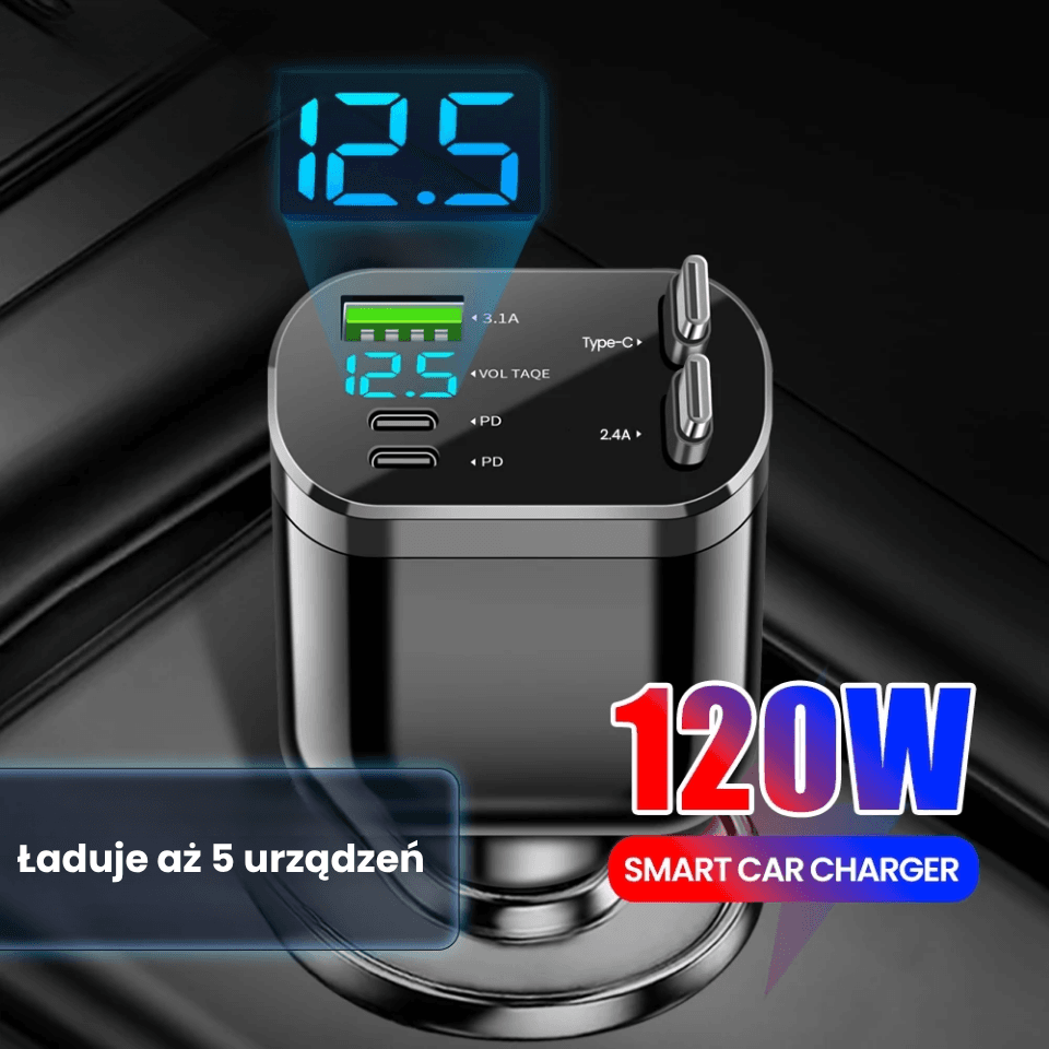 SlideCharge – Kompaktowa Ładowarka 5w1 do Auta z Wysuwanym Kablem🚗