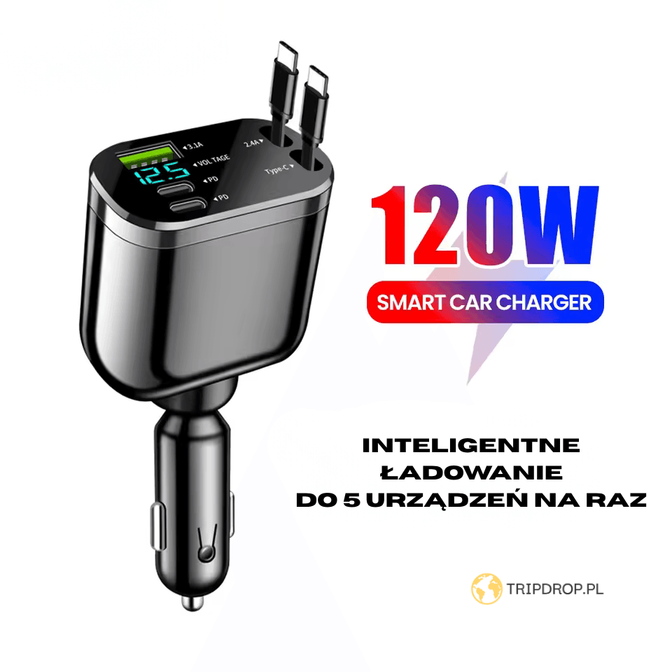 SlideCharge – Kompaktowa Ładowarka 5w1 do Auta z Wysuwanym Kablem🚗